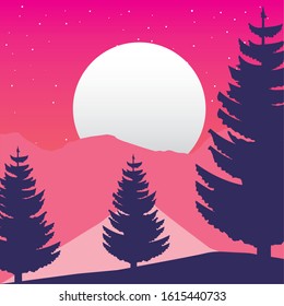 wandelust forest landscape with full moon scene vector illustration design
