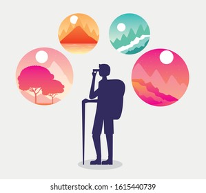 wandelust landscape with tourist man taking a photo vector illustration