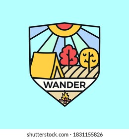 Wander Logo Emblem Template, Abenteuer Label Design mit Zelt und Bäumen. Ungewöhnlicher Strichaufkleber im Retro-Stil. Stockvektorlineareinzeichen
