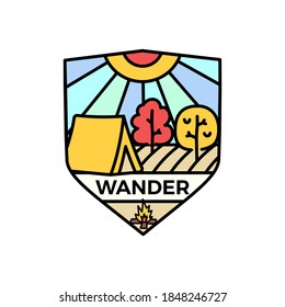 Wander logo emblem template, adventure label design with tent and trees. Unusual line art retro style sticker. Stock vector linear badge art