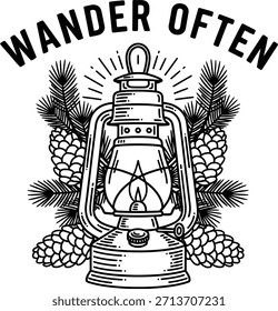 Wander often typography with camping lantern for travel logo, outdoor adventure hiking badge, explore light emblem and isolated on transparent vintage graphic illustration