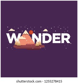 Wander Typography with Hills Mountains With Trees Clouds and Sun Vector Flat Illustration