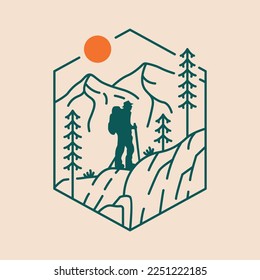 Wanderer Adventure Backpacker Hiking Mountain Monoline Design for Apparel