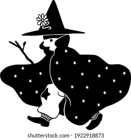 A wanderer magician with a big hat, cape and a stick. Black and white illustration of a man in a costume.