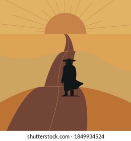 
The wanderer walking through the desert is made in the style of minimalism using monochrome colors