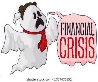 Wandering ghost wearing a necktie like a businessman and bear ears and speech bubble announcing the financial crisis and the decreasing of economy.