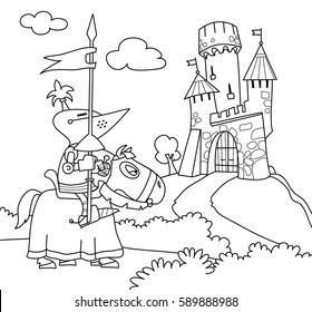 A wandering knight on a horse near the castle. Coloring book. Cartoon vector illustration