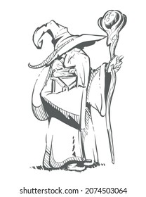 A Wandering Magician Wizard In A Hat Sketch Hand Drawn