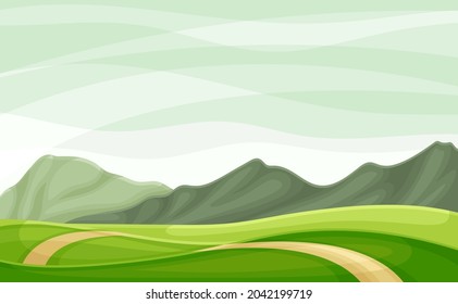Wandering Road Going into the Distance Through Green Grassy Valley Vector Illustration