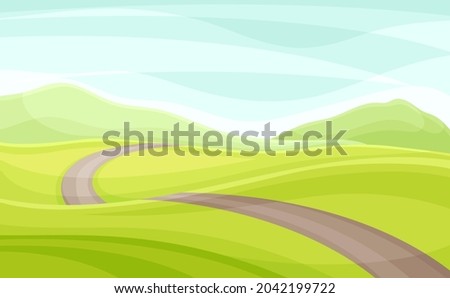 Wandering Road Going into the Distance Through Green Grassy Valley Vector Illustration