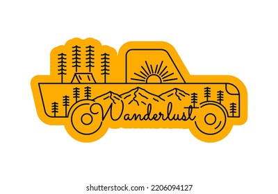 Wanderlust and adventure car nature wildlife in mono line art for t-shirt, sticker, badge, etc