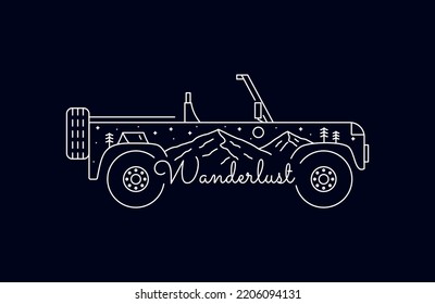 Wanderlust and adventure car nature wildlife in monoline art