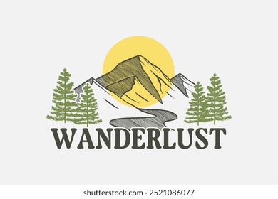 Wanderlust Adventure Design with Majestic Mountains, Pines, and Flowing River