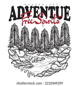 wanderlust adventure, free spirits, adventure Mountain graphic print vector design for t shirt, poster, sticker and others.