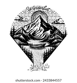 Wanderlust adventure hand drawn line art t shirt design illustration in graphic tablet