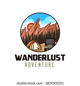 Wanderlust adventure logo, retro camping emblem design with mountains, tent and RV. Unusual vintage art style sticker. Stock vector label