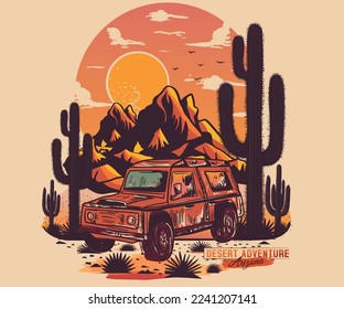 Wanderlust adventure print design. Desert vibes retro artwork for poster, sticker, apparel and others. Arizona Cactus vector t-shirt design.