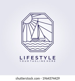 wanderlust adventure sail ship boat logo vector icon line art simple illustration design frame logo badge emblem