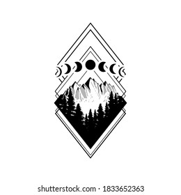 Wanderlust adventure travel rhombus icon. Diamond mountains and forest black on white. Vector illustration. 