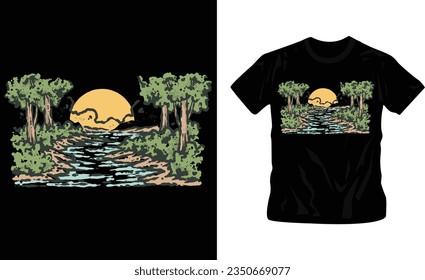 Wanderlust or adventure-themed artwork mountains and trees classic t-shirt design editable template