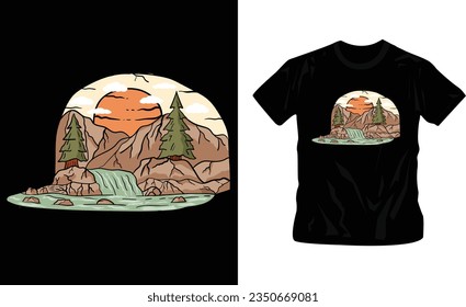 Wanderlust or adventure-themed artwork mountains and trees classic t-shirt design editable template