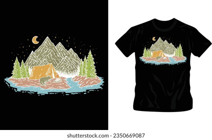 Wanderlust or adventure-themed artwork mountains and trees classic t-shirt design editable template