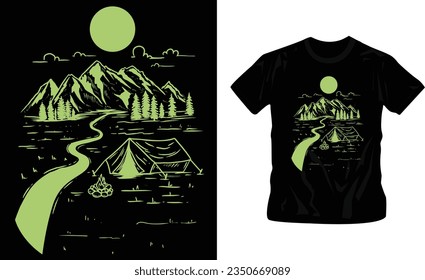 Wanderlust or adventure-themed artwork mountains and trees classic t-shirt design editable template