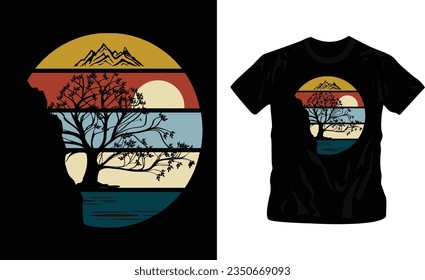 Wanderlust or adventure-themed artwork mountains and trees classic t-shirt design editable template