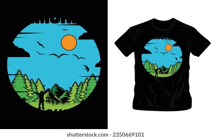Wanderlust or adventure-themed artwork mountains and trees classic t-shirt design editable template