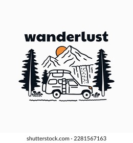 Wanderlust camper van nature camping design for t shirt, sticker, background and other