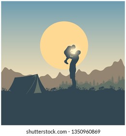 Wanderlust and camping. Silhouette of people dad and son, mountains, hills and forest on the sun and sky background. Concept adventure landscape. Spring trip. Summer travel. Nature, tent and sunrise.
