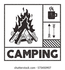 Wanderlust Camping stamp. Old school hand drawn t shirt Print Apparel Graphics. Campfire, mug and arrow symbols. Textured Stamp effect. Vintage Style. Vector monochrome..