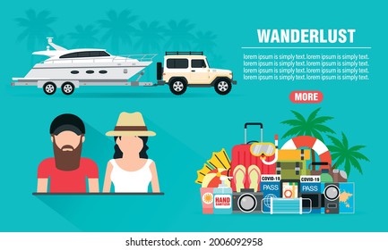 Wanderlust concept design flat banner young people with SUV, boat trailer. Travel icon. Safe journey. Vector illustration