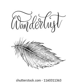 Wanderlust. Detailed hand drawn vector feather. Ornate card with handdrawn lettering.