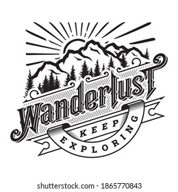 Wanderlust, emblem, t shirt design.