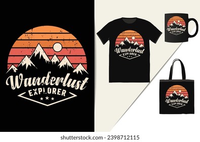 wanderlust explorer Mountain adventure  t shirt design illustration This design is perfect for t-shirts, posters, cards, mugs and more. vector in the form of eps and editable layers