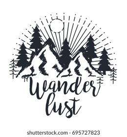 wanderlust hand drawn mountain adventure label nature