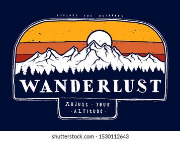 Wanderlust - horizontal hiking typography badge with mountain range -vintage t-shirt print