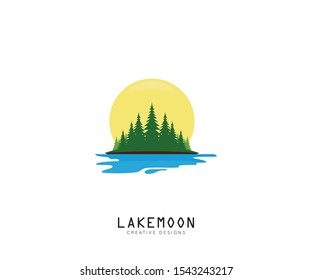 Wanderlust island logo - Lake, moon, tree  vector icon