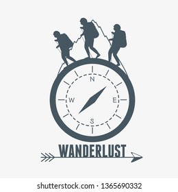 wanderlust label with campass and walkers