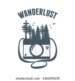 wanderlust label with forest scene and camera