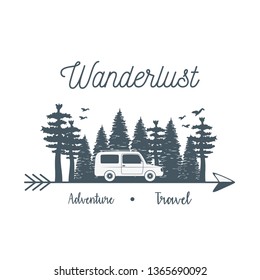 wanderlust label with forest scene and car vehicle