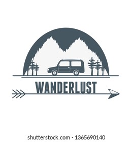 wanderlust label with forest scene and car vehicle