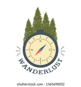 wanderlust label with forest scene and compass