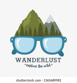 wanderlust label with forest scene and eyeglasses