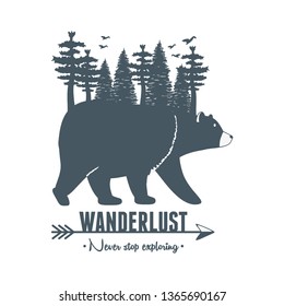 wanderlust label with forest scene and grizzly bear