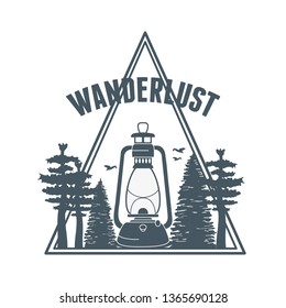 wanderlust label with forest scene and kerosene lamp