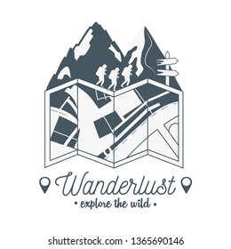 wanderlust label with forest scene and paper map