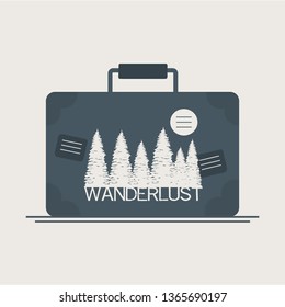 wanderlust label with forest scene in suitcase