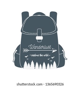 wanderlust label with forest scene in travelbag